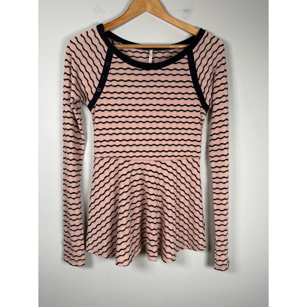 Free People Wavy Stripe Pointelle Peplum Long Sleeve Top‎ Size S Peach Black